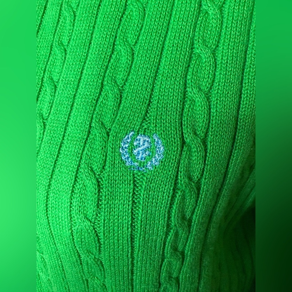 Izod preppy green cable knit turtleneck 100% cotton logo sweater petite large EC - Picture 3 of 8